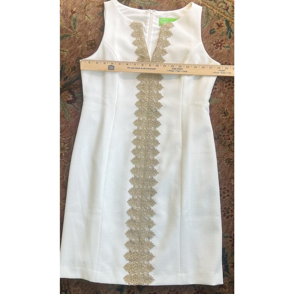 Pappagallo White Texture Shift Dress Gold Embroidery Sleeveless WeddingResort 10 - Picture 8 of 9